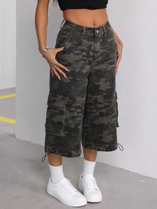 Y2K Vintage Camo Denim Jeans Women's Summer New Streetwear Wide Leg Workwear Casual Versatile Shorts, Loose-Fitting Capri Pants for Spring & Fall