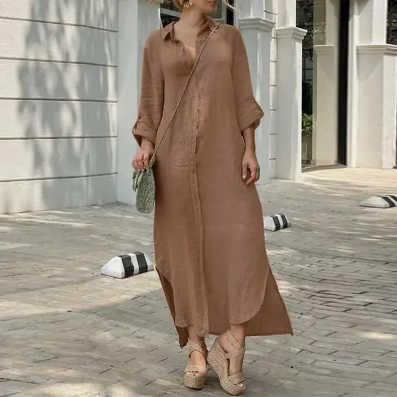Summer Women's Cotton and Linen Long Sleeved Loose Fitting Dress Solid Color Lapel Button Loose Casual Dress  plus size dresses