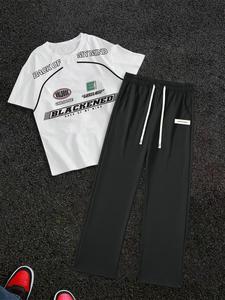 Two-Piece Set Men's Letter Print Tee & Straight Leg Pants, Loose Casual Short Sleeve T-shirt & Trousers for Summer, Men's Clothes for Daily Wear