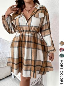 Women's Plus Size Plaid Shirt Dress, Long Sleeve Button Front Casual Short Skirt, Fall & Winter Fashion, Fitted Moderate Fabric