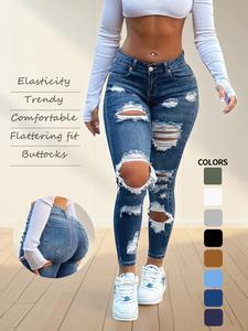 Women's High Waist Ripped Skinny Jeans, Elastic Vintage Denim Jeans, Butt Lifting Design, Casual Fashion for Daily Wear