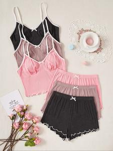 6 Pieces Women's Bow Front Lettuce Trim Pyjama Set, Casual Contrast Binding Cami Top & Elastic Waist Shorts PJ Set, Summer Sleepwear Set for Women