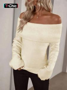 Women's Solid Off-Shoulder Sweater, Elegant Feminine Fashion Long-Sleeve Fitted Jumper for Daily Outdoor Wear, Women's Soft Knitwear for Fall & Winter, Womenswear, Fashion Knit Clothing, Knit Sweater Tops