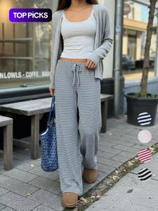 Women's Striped Print Drawstring Waist Pants, Casual Wide Leg Trousers for Daily Wear,  Pants for Women, Ladies Bottoms for All Seasons, Back To School Clothes