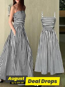 Women's Striped Print Cami Dress, Chic Casual Sleeveless Spaghetti Strap Dress for Summer, Ladies Clothes for Beach Holiday, Casual Boho Dress, Boho Summer Dresses