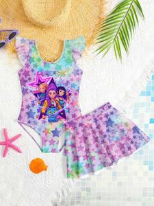 Girls' High-Quality Vacation Swimwear Set, K-Pop Hunter Girl Group Cartoon Print Sleeveless Swimsuit Two Piece, Slim-Fitting Boho Style