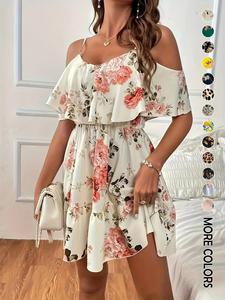 Women's Floral Print Ruffle Trim A Line Spaghetti Strap Dress, Casual Boho Chic Butterfly Sleeve Adjustable Strap Short Dress for Daily Vacation Wear, Ladies Dress for Summer, Womenswear, Boho Clothes Women