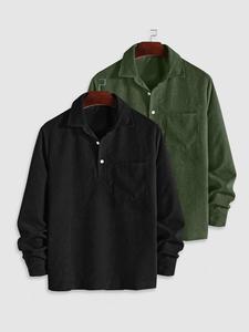 Men's Solid Corduroy Polo Shirt, Loose Casual Long Sleeve Half Button Collared Top for Spring & Fall, Fashion Men's Clothes for Daily Wear
