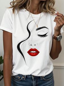 Women's Lip Print Round Neck Tee, Fashion Casual Crew Neck T-Shirt for Daily Holiday Vacation Outdoor Wear, Ladies Clothes for Summer, Top, Womenswear