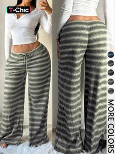 Women's Comfortable Casual Low Waist Drawstring Wide Leg Pants, Striped Design, Simple Style, Perfect for Daily Wear