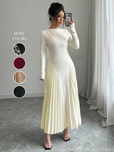 Women's Plain Boat Neck Pleated A Line Dress, Elegant Long Sleeve Ruched Long Dress for Party Holiday Wedding Guest, Ladies Spring & Fall Clothes, Workwear for Women