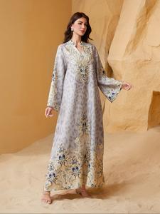 Visual Luxury Middle Eastern Leopard Print Paisley Long Robe, Loose Fit Evening Abaya, Elegant Slimming Dress for All Seasons