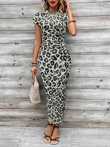 Women's Leopard Print Round Neck Dress, Fashion Casual Dress for Daily Holiday Vacation Wear, Ladies Dress for All Seasons, Womenswear, Summer Boho Casual Dress