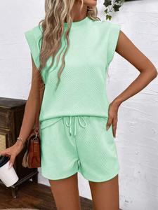 Women's Sporty Loose-Fitting Short Sleeve Top & Above-The-Knee Shorts Set, Gym Sets, Plain Texture Fabric Casual Wear, Daily Fashion, Solid Tracksuits Set, Textured Sweatsuit, Fitness Set, Athletic Fashion Activewear, Athleisure Street Fit