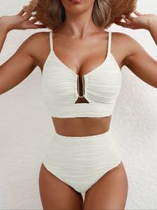Women's Two-Piece Solid Color Sexy Metal Accents Striped Bikini, High Waist Swimsuit, All Seasons, Perfect for Beach & Pool