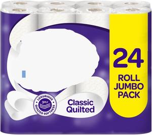 Classic Quilted Toilet Tissue 24 Rolls - Luxuriously Soft, Strong and Absorbent Toilet Roll - Jumbo Bulk Pack 24 Rolls - 3-ply - White