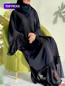 Arabic Clothing-Ramadan Contrast Lace Belted Abaya without Hijabs, Closed Abaya, Muslim Fashion Long Sleeve Contrast Lace Flounce Sleeve Dress, Modest Abaya Eid Clothes for Women,
