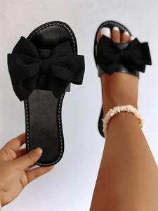 Women's Black Bowknot Design Slip on Sandals, Casual Comfortable Flat Sandals for Beach Vacation, Lightweight Breathable Unique Sandals, Summer Footwear, Girl