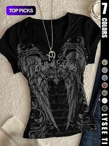 Wing print retro y2k trendy fashion women's V-neck short sleeved T-shirt