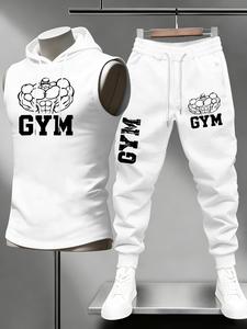 Men's Gym Power Print Hooded Sleeveless Vest Set, Breathable Sweat-Wicking Fabric, Stretchy and Supportive, Durable for High-Intensity Workouts, Fitness Sport Outfits