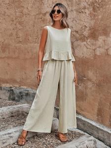 Women's Solid Ruffle Hem Tank Top & Elastic Waist Wide Leg Pants Set, Casual Fake Buttons Round Neck Top & Pocket Trousers for Travel, Ladies Summer Clothes, Womenswear