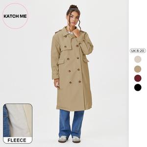 Katch Me Look UK Women's Elegant Solid Color Double Breasted Long Sleeve Belt Decor Fleece Trench Coat, Classy Winter Fleece-Lined Outerwear Jacket, Lady Cozy Outfit