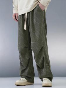 Men's Letter Print Corduroy Pants, Loose Casual Comfy Straight Leg Trousers for Spring & Fall, Woven Bottoms for Men
