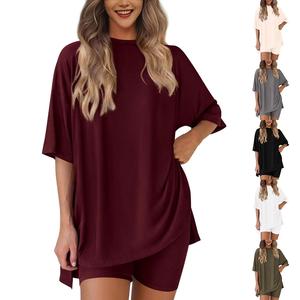 Women’s 2 Piece Lounge Set – Oversized Short Sleeve T-Shirt & Biker Shorts – Casual Matching Outfit for Summer, Soft Stretchy Loungewear Set