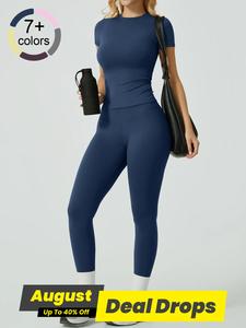 Women's Solid Ribbed Long Sleeve Tee & Leggings Sport Set, Casual Breathable Quick Drying T-shirt & Skinny Pants Set for Yoga Gym Workout Running, Ladies Sportswear for All Seasons, Fitness Summer Bottoms, Stretchable Activewear, Yoga Clothes Set