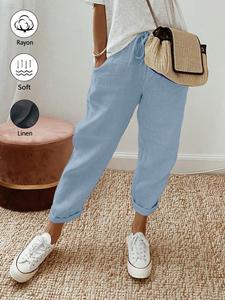 Women's Linen Tapered Pants Summer Drawstring Tie Front Boho Beach With Pocket Casual Solid Color Soft Elastic High Waist Lounge Pants Elegant and Minimalist Travel Vacation Bottoms Date Brunch Home Work Street wear Cooling Outfit