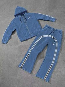 Retro-Style Oversized Tracksuit, Hooded Zip-Up Sweatshirt & Straight-Leg Athletic Sweatpants, Elastic Drawstring, Fall&winter Street Style, Sweatshirt Sweatpants Set