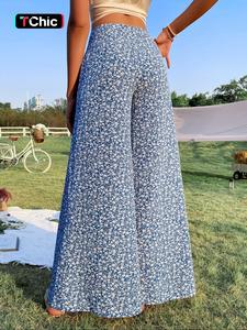 Women's Ditsy Floral Print High Waist Wide Leg Pants, Boho Casual High Rise Trousers for Beach Vacation Holiday, Summer Outfits 2024, Ladies Bottoms for Summer