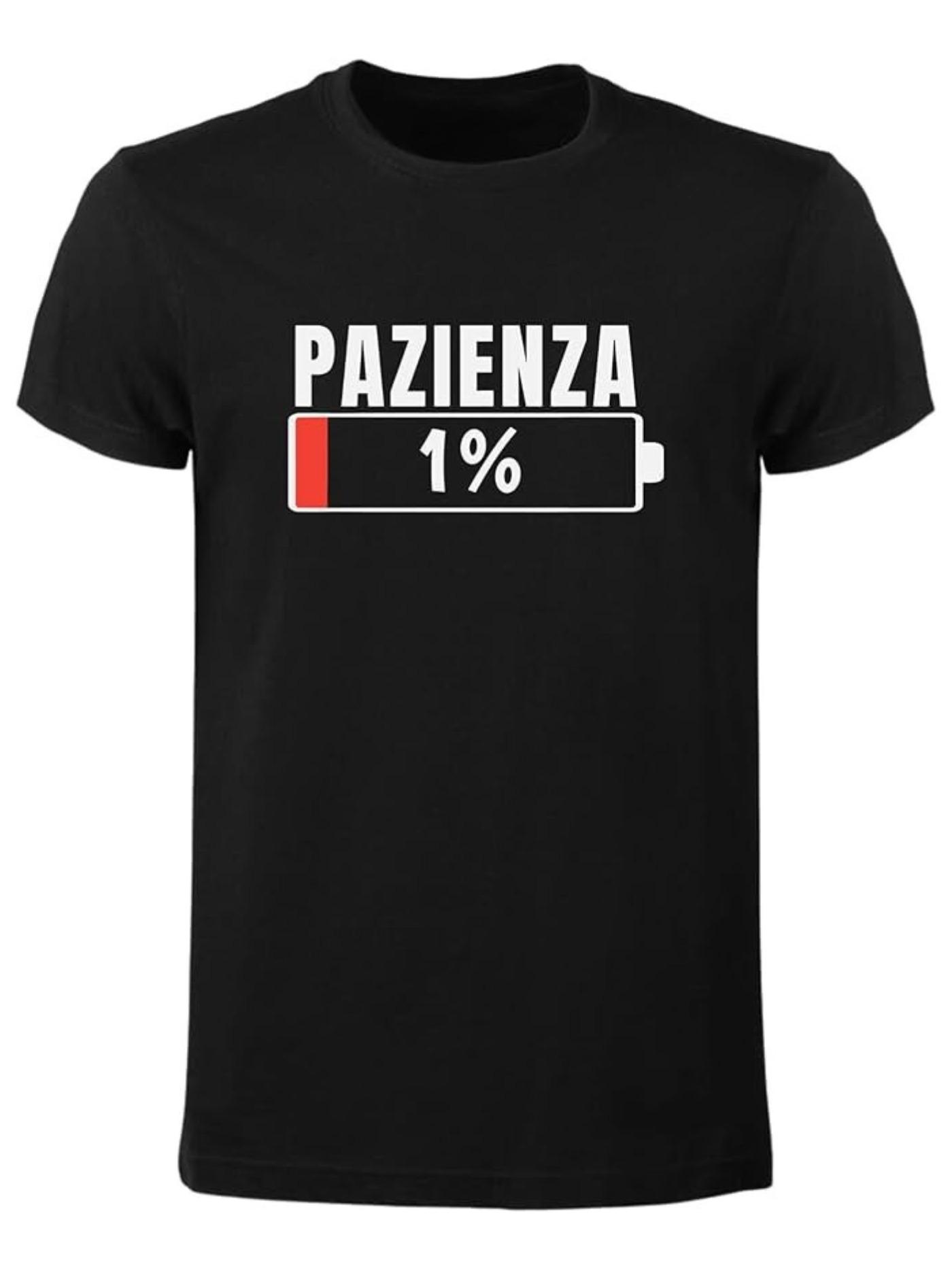 T-Shirt Pazienza 1% Maglietta Unisex in Cotone Morbido con Grafica Divertente e Icona Batteria Nero