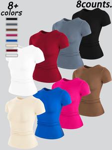 Women's High Elastic Seamless Fitted Short Sleeve T-Shirt, Yoga Wear Casual Quick Dry Fitness Top, Running Sportswear, Casual Workout Tops