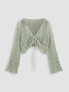 【Plus Size】 Hollow Out Drawstring Sheer Cardigan, Cardigan for Women, Casual Flounce Sleeve V Neck Knitwear Top for Spring & Fall, Women's Plus Clothing for Daily Wear