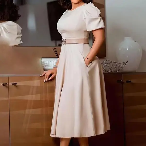 New Women Elegant A-line Dress Belted Pocketed Summer Dress African Lady Midi Casual Dresses