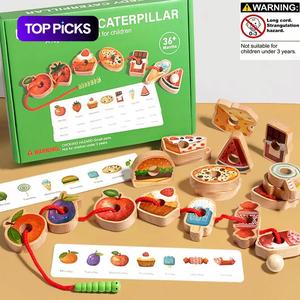 Wooden Greedy Caterpillars Rope and Bead Game, 1 Set Educational String Beaded Toys, Children's Toys for Focusing Logical Thinking Training