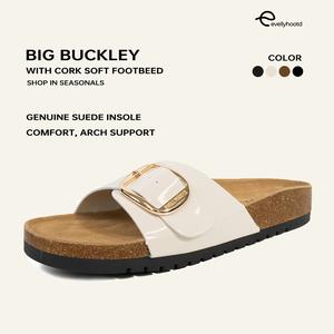 EVELLYHOOTD Women Suede Insole Cork Footbed One-Strap Big Buckle Clogs Unisex Sandals with Arch Support Comfort Buckle Flat Slippers [One Size Down]