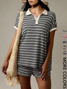 Women's Striped Textured Knit Co-ord Set, Polo Neck, Short Sleeve, Button Placket, Elastic Waist Shorts, Soft Breathable Fabric, Casual Daily & Vacation Wear 2 Piece