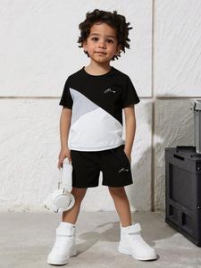 Two-Piece Set Toddler Boy's Colorblock Print Short Sleeve Tee & Shorts, Casual Round Neck T-shirt & Shorts for Summer, Kids Clothes for Daily Wear