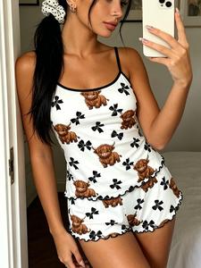 Background Bow Highland Cow Print Tank Top Pajamas Set, Trim Ruffle Design, Sweet Cool Girl Style Breathable Home Sleepwear