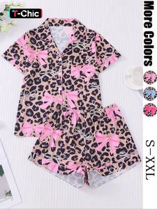 Women's All Over Print Shirt & Elastic Waist Shorts Pyjama Two-piece Set, Casual Comfy Short Sleeve Collared Top & Shorts PJ Set, Ladies Sleepwear for All Seasons, Loungewear