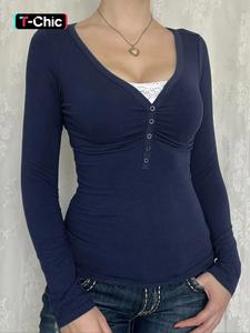 Women's   Contrast Lace  Button V Neck Tee, Casual Long Sleeve T-shirt for Spring & Fall, Women's Top for Daily Wear
