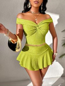 A688 Women's Set Fashion Personality Split Skirt Suit Elegant Classic Solid Color Slimming Bra One-Shoulder Belly-Baring Top High-Waisted Shorts Dress Simple Versatile
