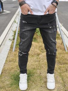 Men's Regular Fit Solid Color Ripped Jeans, Casual Comfy Denim Pants for Daily Wear, Fashion Men's Bottoms for All Seasons