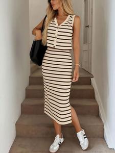 Isowa V-Neck Button Back Vest + Side Slit High-Waist Skirt, Casual Business Wear, Loose-Fitting, Sleeveless, Waffle Striped Pattern