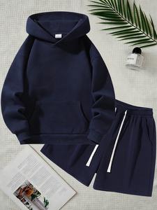 Men's Casual Solid Color Sportswear Set, Sweatsuit Outfits, Plain Athletic Tracksuit Set, Fitness Set, Matching Workout Set, Hooded Sweatshirt & Shorts, Unisex Two-Piece Homewear, Suitable for Daily Wear and Outdoor Activities