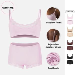 Katch Me Look Women's Elegant Lace Series Spaghetti Strap Lace Trim Wirefree Breathable U-Neck Bralette & Panties Set, Basic Lightly Lined for Smaller Cups