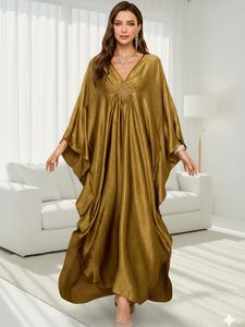 Women's Metallic Batwing Sleeve Kaftan Dress, Elegant Long Sleeve V Neck Dress for Evening Formal, Ladies Clothes for All Seasons, Modest Clothes
