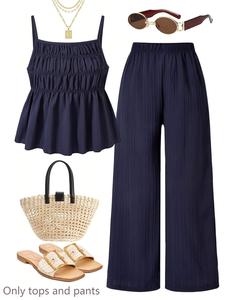 Casual Ribbed Texture Cami Top with Wide Leg Trousers 2 Piece Set Women, Ideal for Daily Wear, Vacation, Sister Photos, Spring & Summer